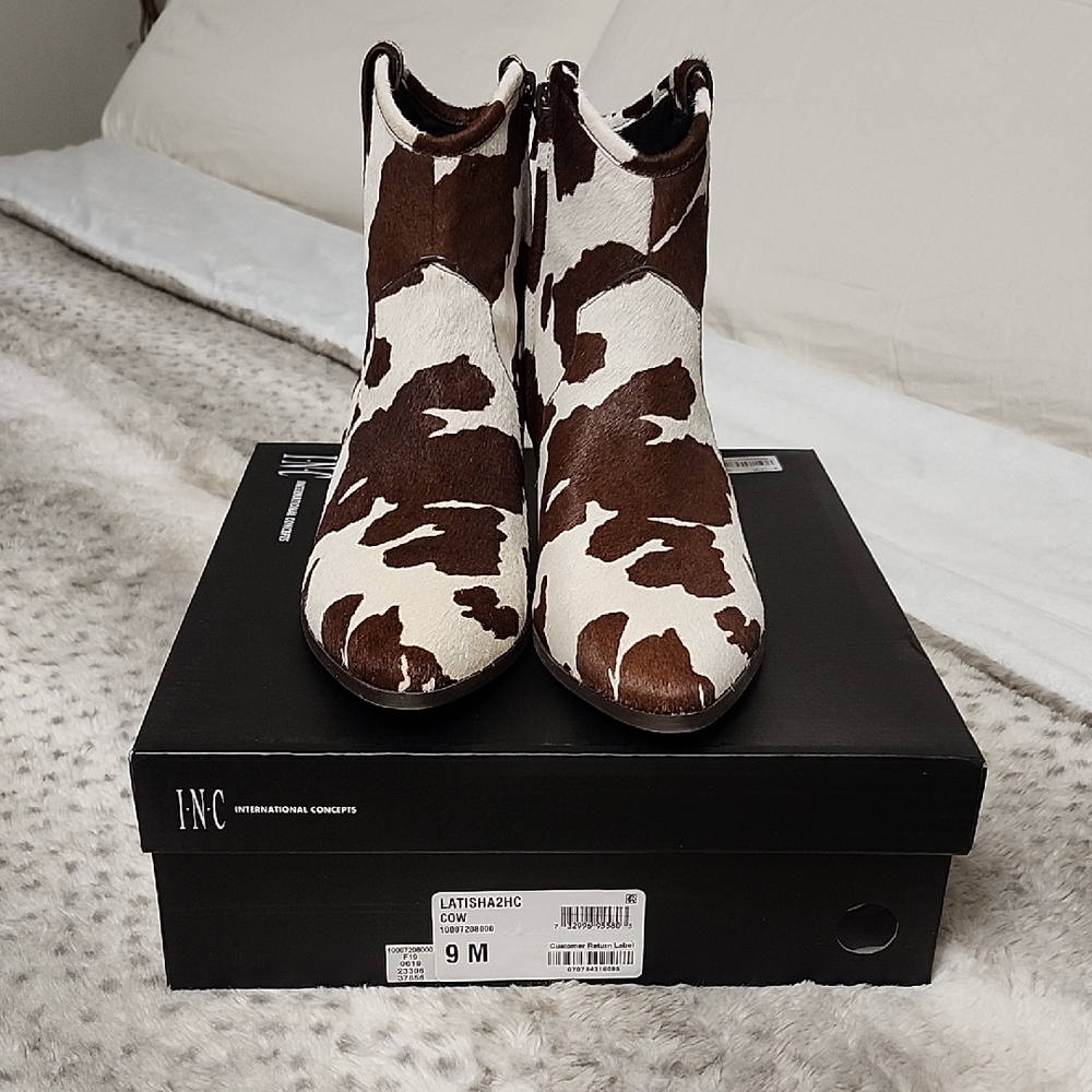 INC International Concepts Cow Print Ankle Booties - Brown and White